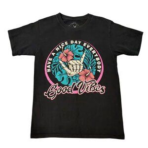East West Black T-Shirt Size Small | Skeleton Hands & Flowers Good Vibes Design